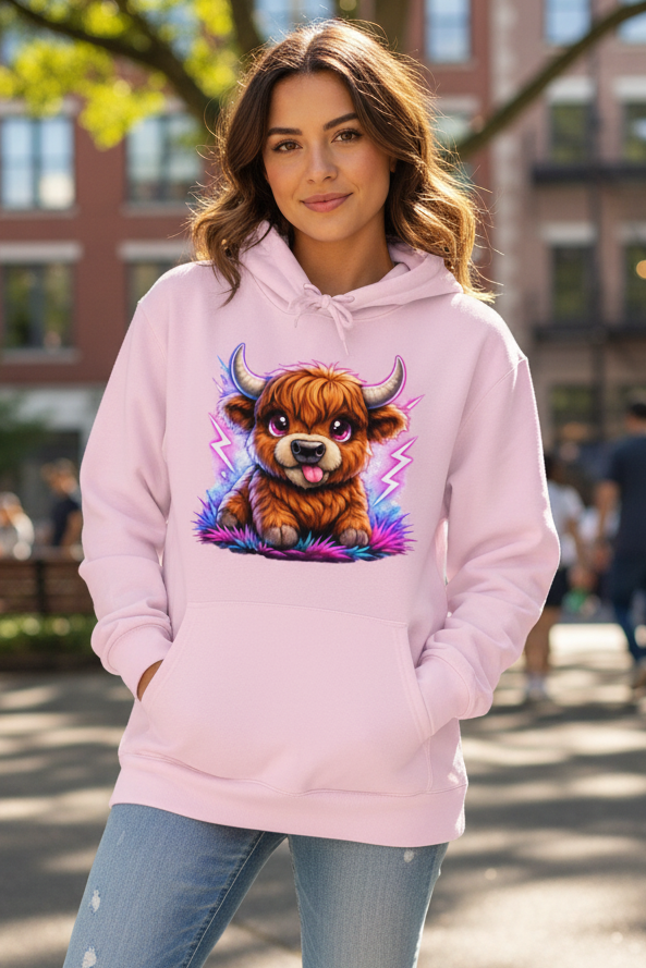 Damen Hoodie Verspielte Hochlandrinder mit leuchtenden Hörnern