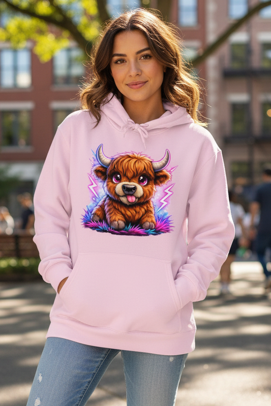 Damen Hoodie Verspielte Hochlandrinder mit leuchtenden Hörnern