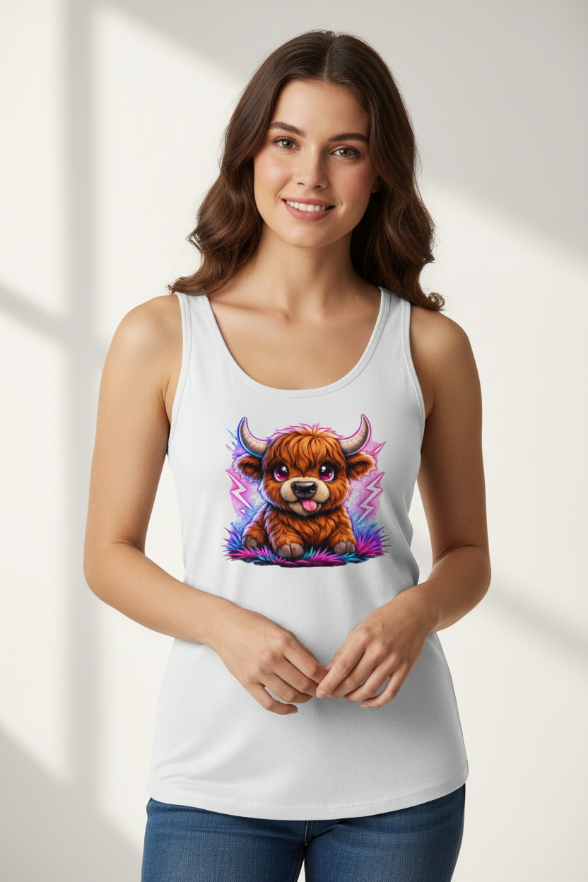 Damen Basic Tank Top Verspielte Hochlandrinder mit leuchtenden Hörnern