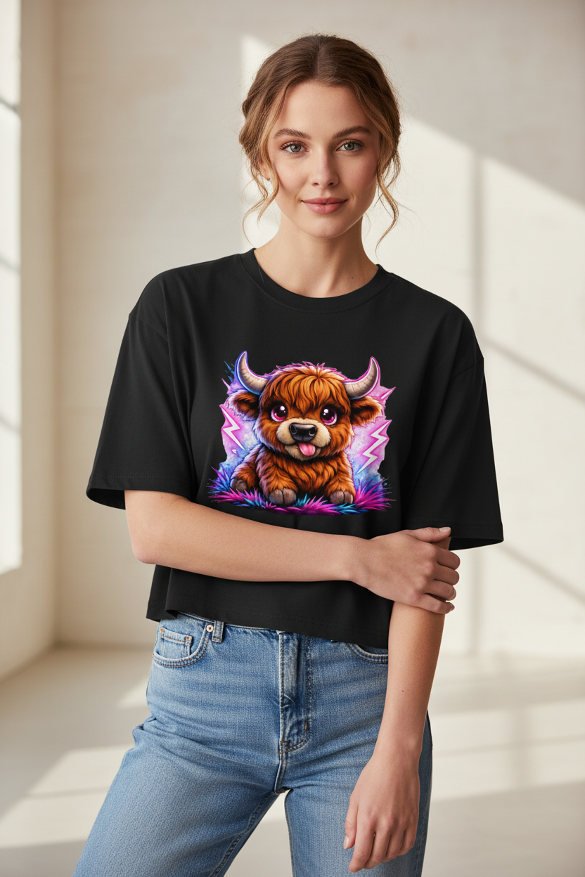 Damen Oversize Crop Top Verspielte Hochlandrinder mit leuchtenden Hörnern