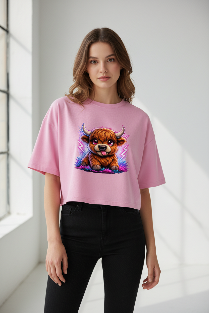 Damen Oversize Crop Top Verspielte Hochlandrinder mit leuchtenden Hörnern
