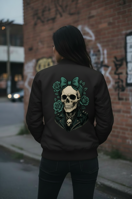 Bomber Jacke Schädel Frau mit türkisen Rosen
