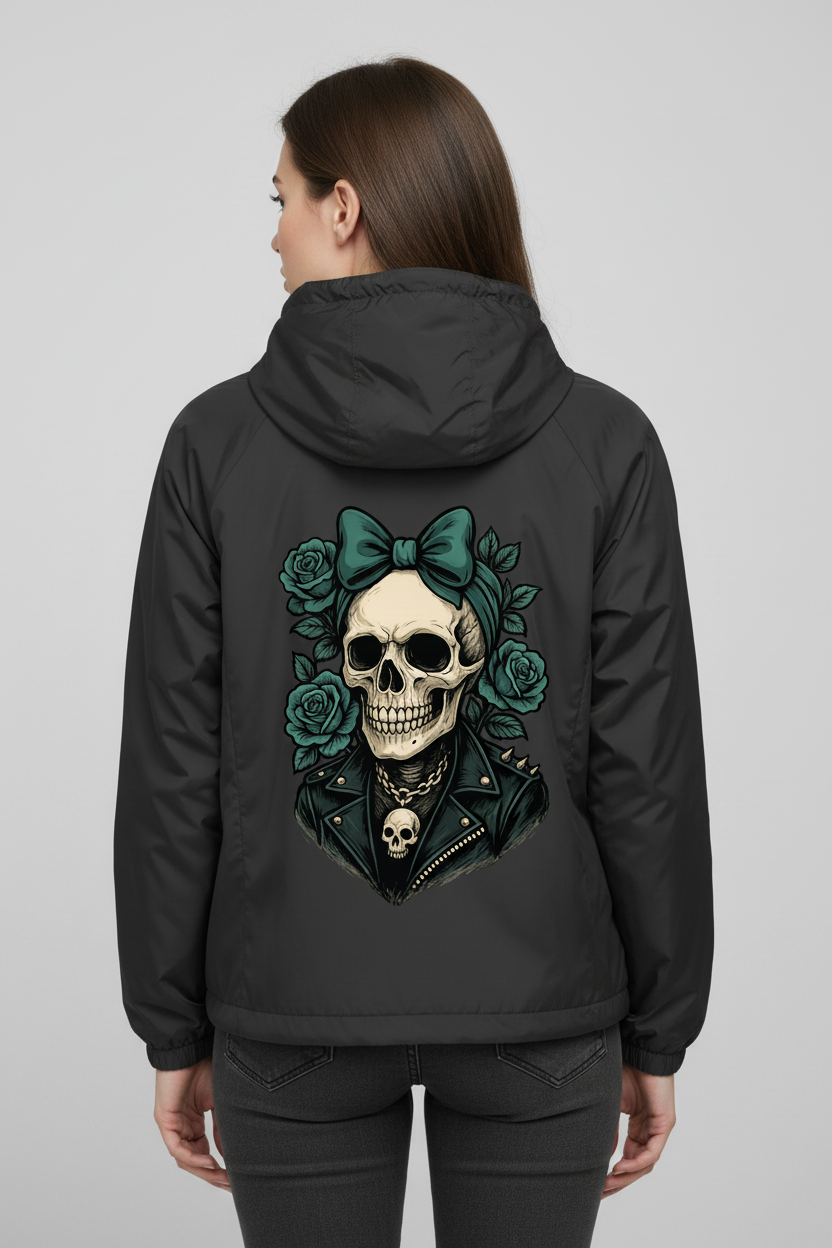 Windbreaker Schädel Frau mit türkisen Rosen