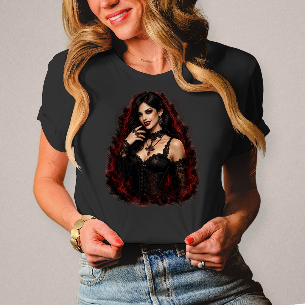 Damen T-Shirt Dunkle Gothic-Vampirin im rauchigen Nebel