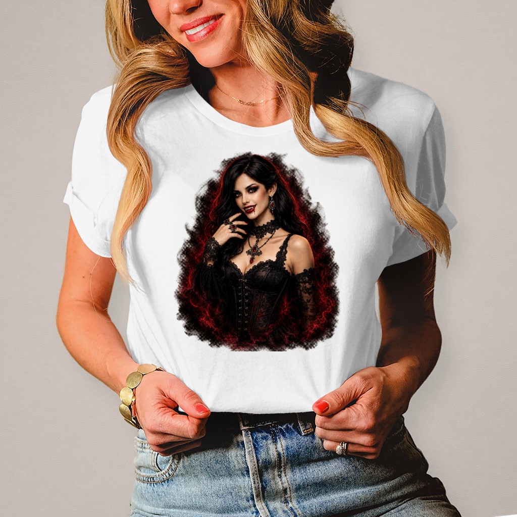 Damen T-Shirt Dunkle Gothic-Vampirin im rauchigen Nebel
