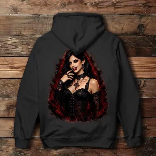 Damen Hoodie Dunkle Gothic-Vampirin im rauchigen Nebel