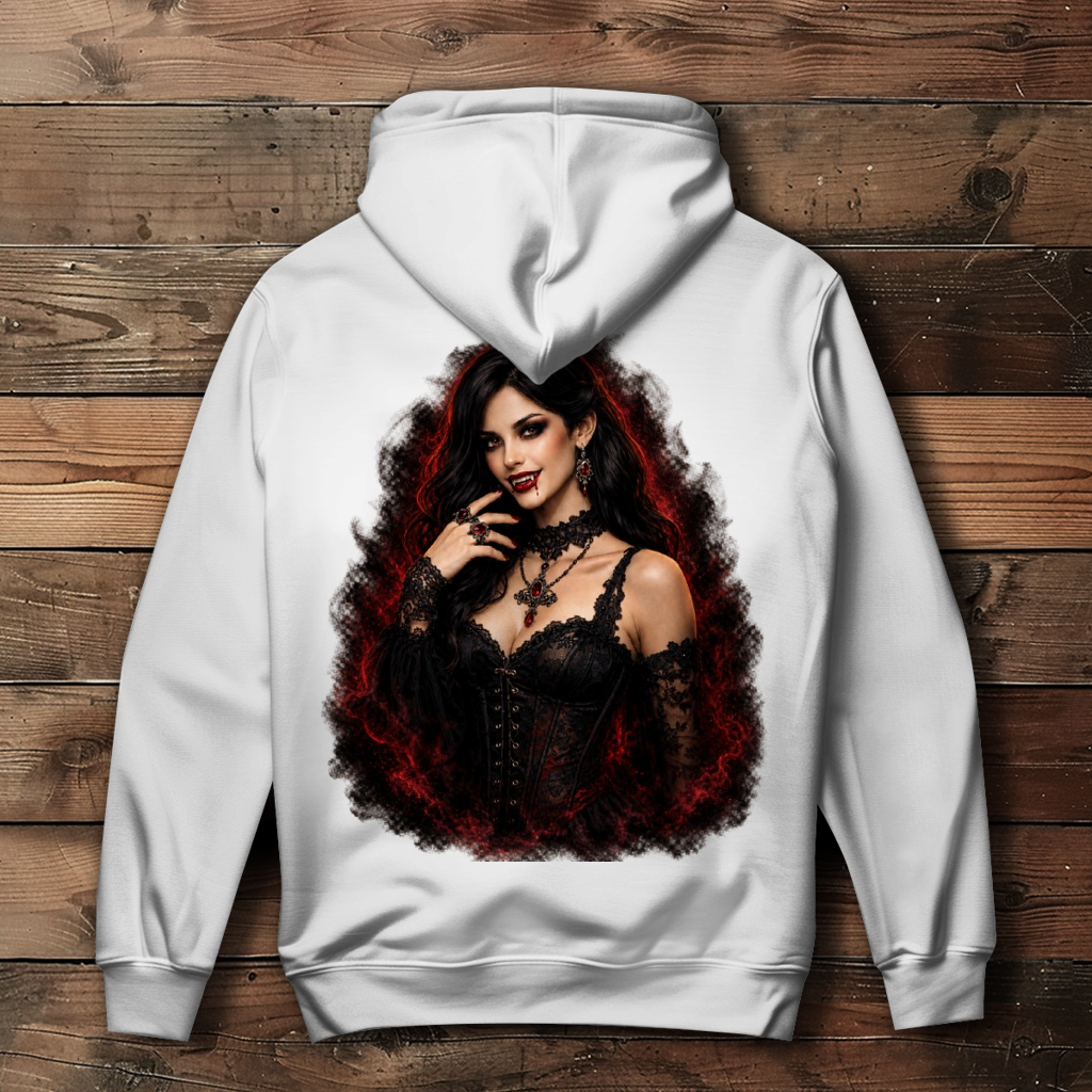 Damen Hoodie Dunkle Gothic-Vampirin im rauchigen Nebel