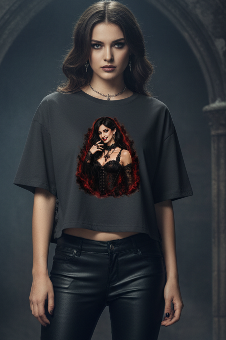 Damen Oversize Crop Top Dunkle Gothic-Vampirin im rauchigen Nebel