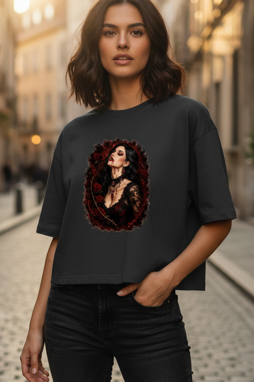 Damen Oversize Crop Top Dunkle Schönheit im Rosenkranz