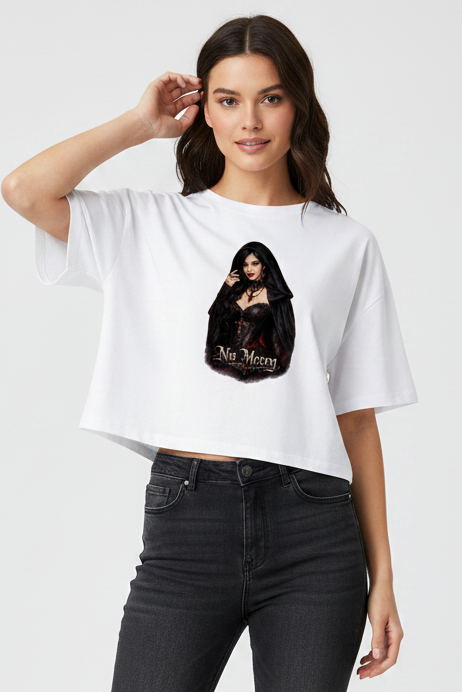 Damen Oversize Crop Top Gothic Schönheit mit No Mercy Schriftzug