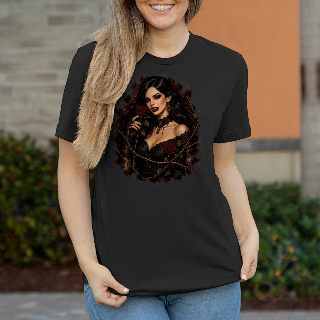 Damen T-Shirt Vampirische Schönheit mit Dornenrosen