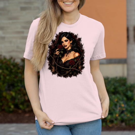 Damen T-Shirt Vampirische Schönheit mit Dornenrosen