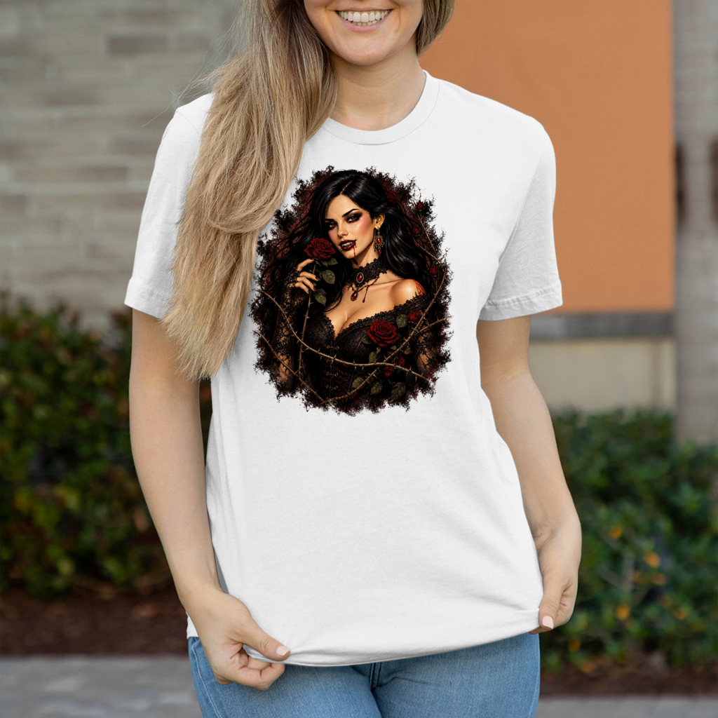 Damen T-Shirt Vampirische Schönheit mit Dornenrosen