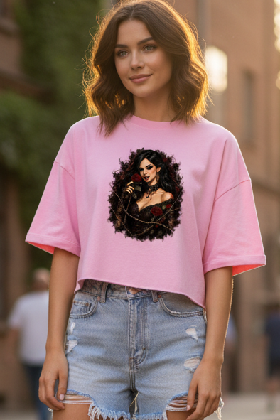 Damen Oversize Crop Top Vampirische Schönheit mit Dornenrosen