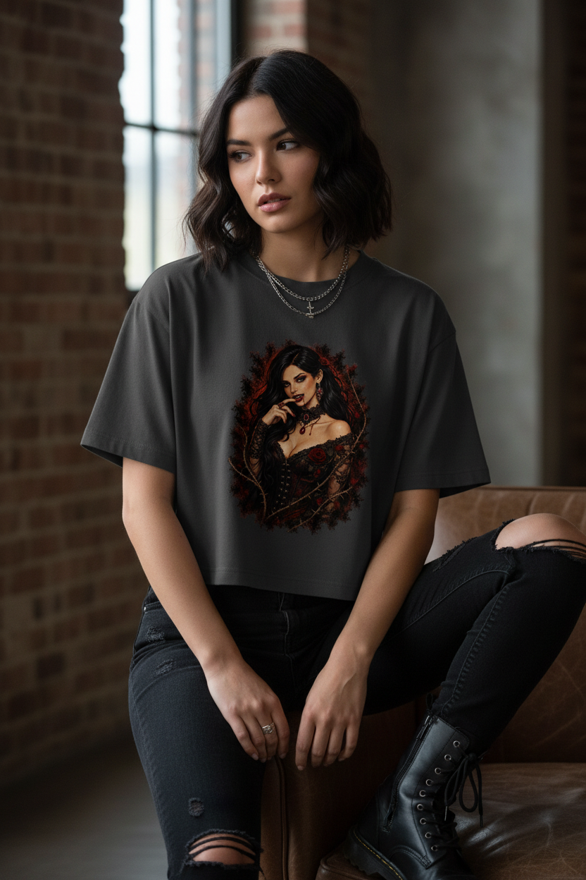 Damen Oversize Crop Top Gothic vampirische Verführung mit Rosen