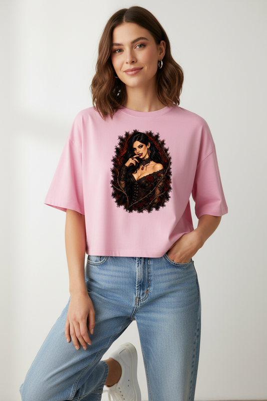 Damen Oversize Crop Top Gothic vampirische Verführung mit Rosen
