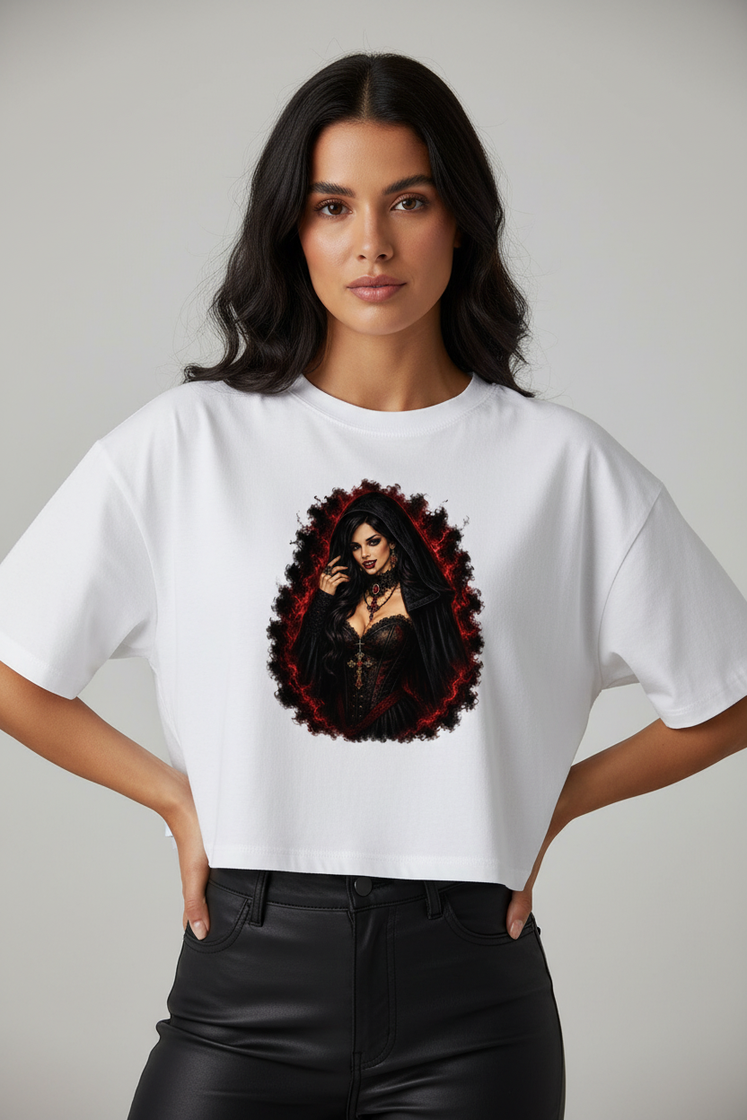 Damen Oversize Crop Top Dunkler, verführerischer vampirischer Blick