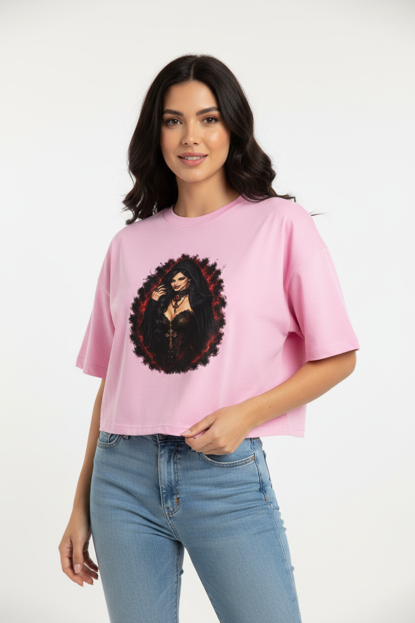 Damen Oversize Crop Top Dunkler, verführerischer vampirischer Blick