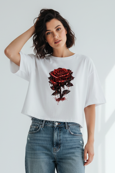 Damen Oversize Crop Top Blutige Rose im Dunkeln