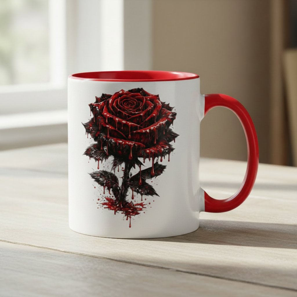Tasse zweifarbig Blutige Rose im Dunkeln