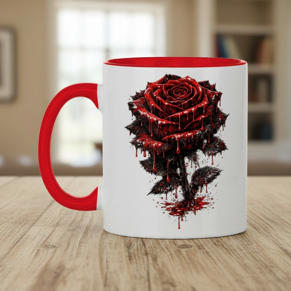 Tasse zweifarbig Blutige Rose im Dunkeln