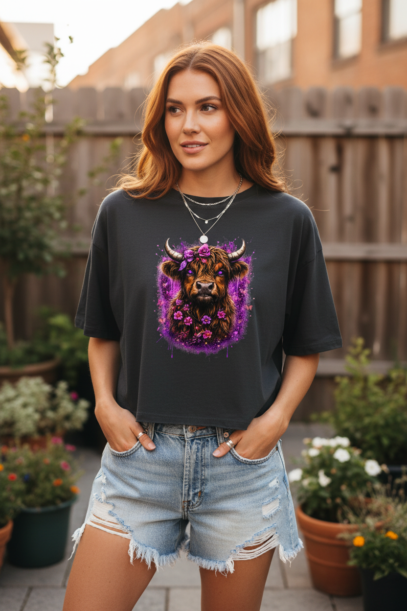 Damen Oversize Crop Top Magischer Highlander mit Blumenkrone