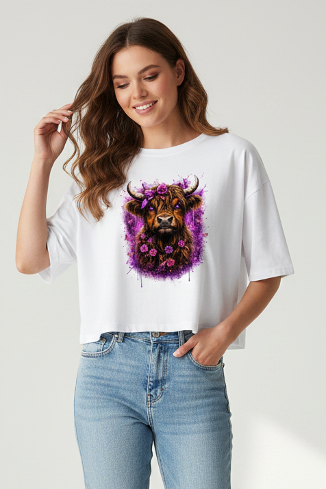 Damen Oversize Crop Top Magischer Highlander mit Blumenkrone