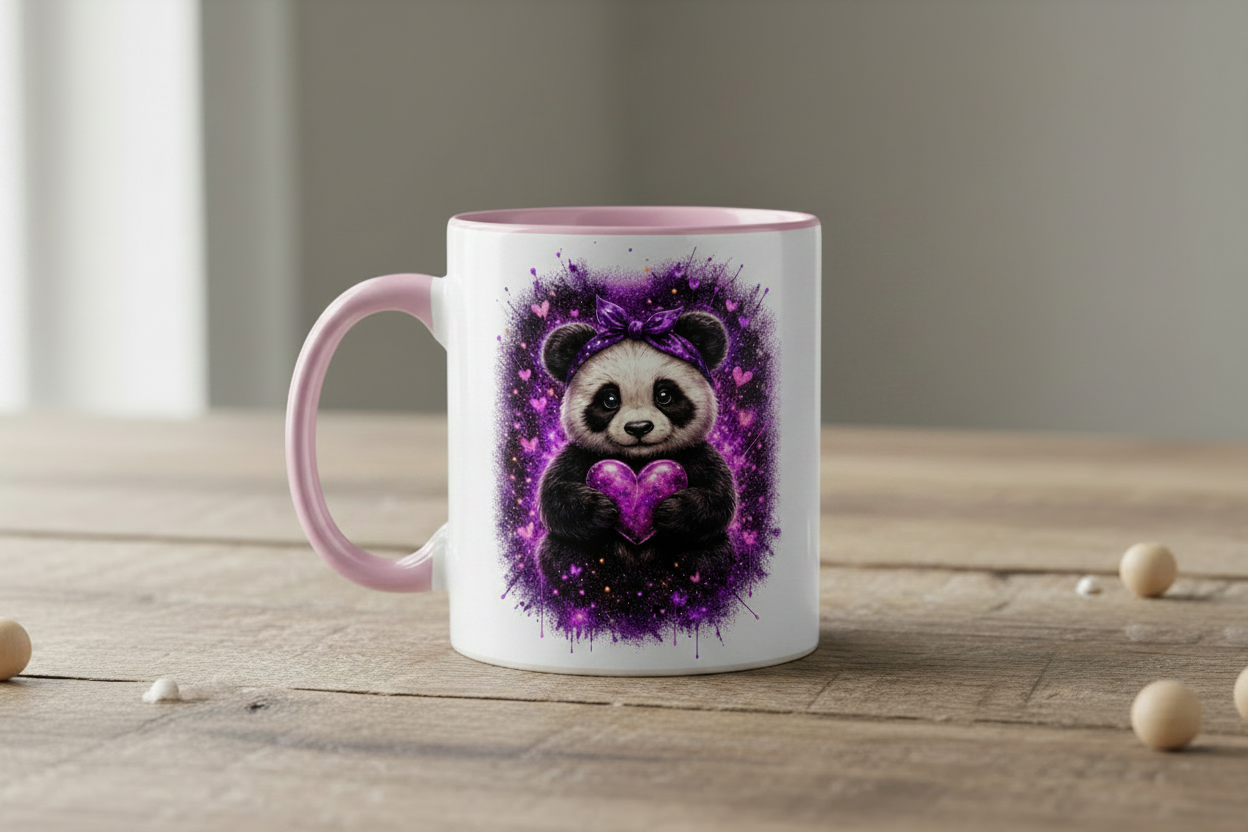 Tasse zweifarbig Kuscheliger Panda mit leuchtendem Herz