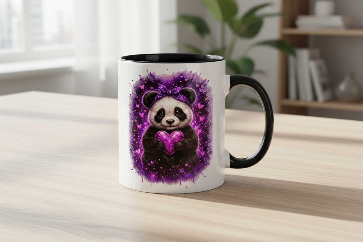 Tasse zweifarbig Kuscheliger Panda mit leuchtendem Herz