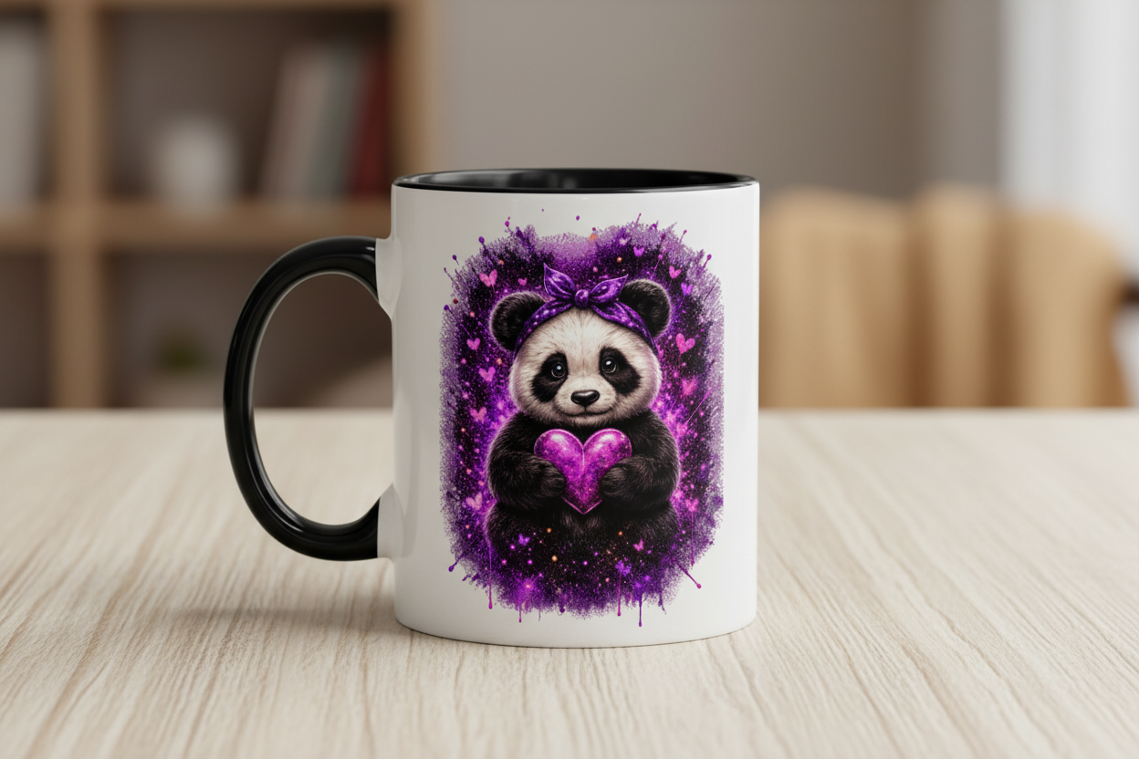 Tasse zweifarbig Kuscheliger Panda mit leuchtendem Herz