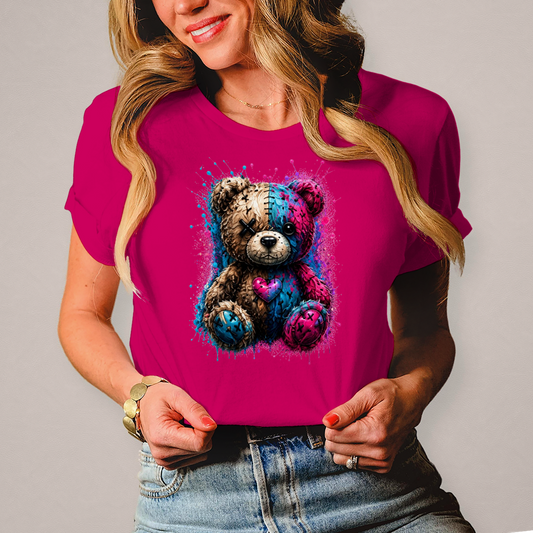 Damen T-Shirt Gekritzeltes Teddy mit Farbspritzern