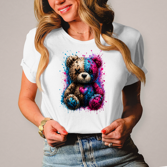 Damen T-Shirt Gekritzeltes Teddy mit Farbspritzern