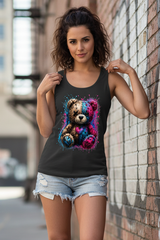 Damen Basic Tank Top Gekritzeltes Teddy mit Farbspritzern