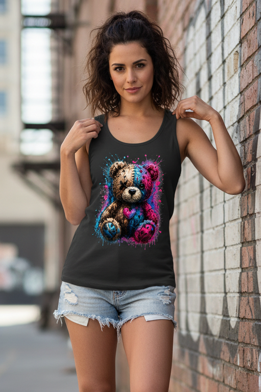 Damen Basic Tank Top Gekritzeltes Teddy mit Farbspritzern