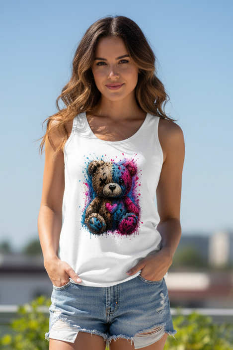 Damen Basic Tank Top Gekritzeltes Teddy mit Farbspritzern
