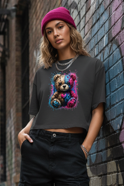 Damen Oversize Crop Top Gekritzeltes Teddy mit Farbspritzern