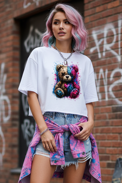 Damen Oversize Crop Top Gekritzeltes Teddy mit Farbspritzern