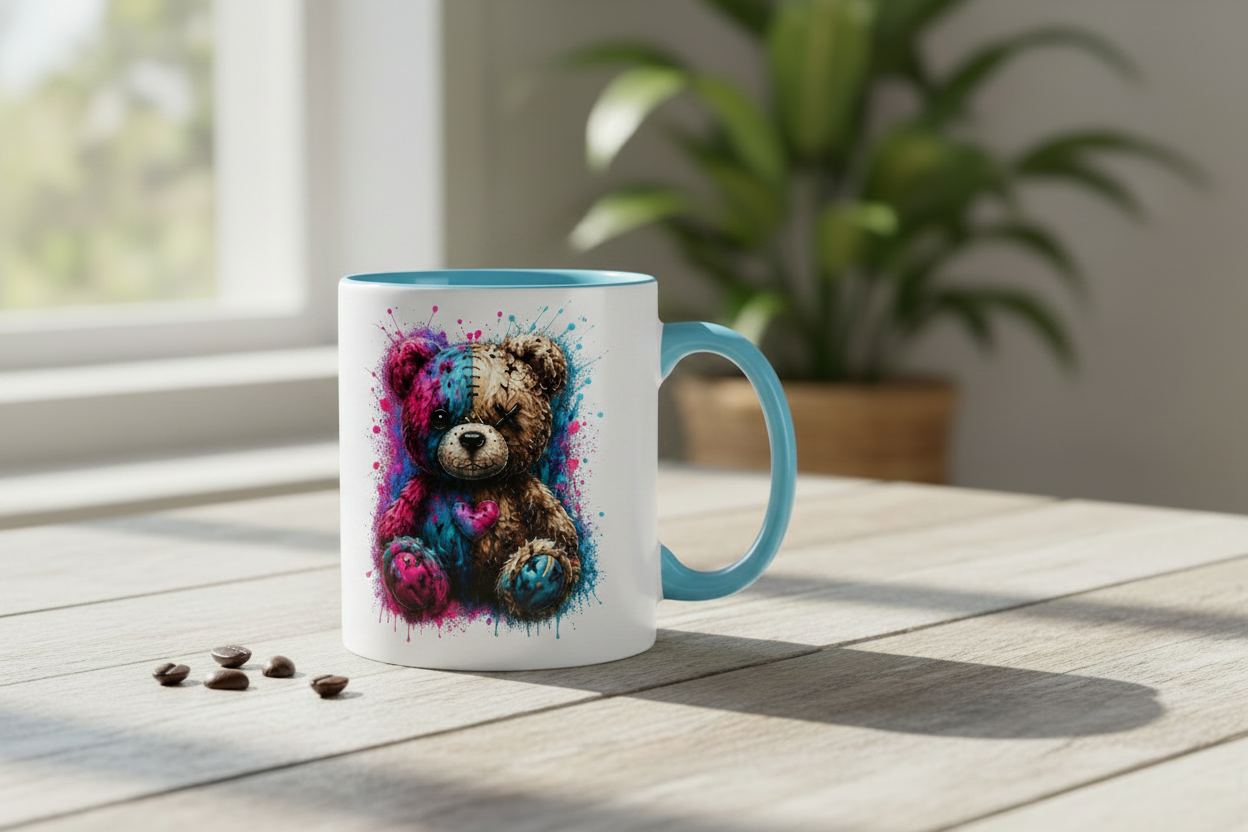 Tasse zweifarbig Gekritzeltes Teddy mit Farbspritzern