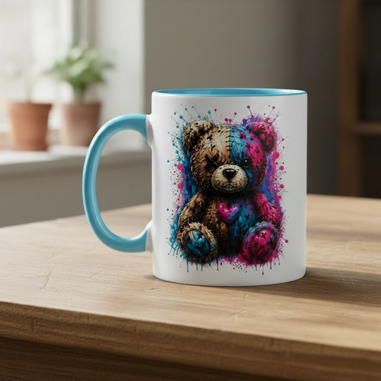 Tasse zweifarbig Gekritzeltes Teddy mit Farbspritzern