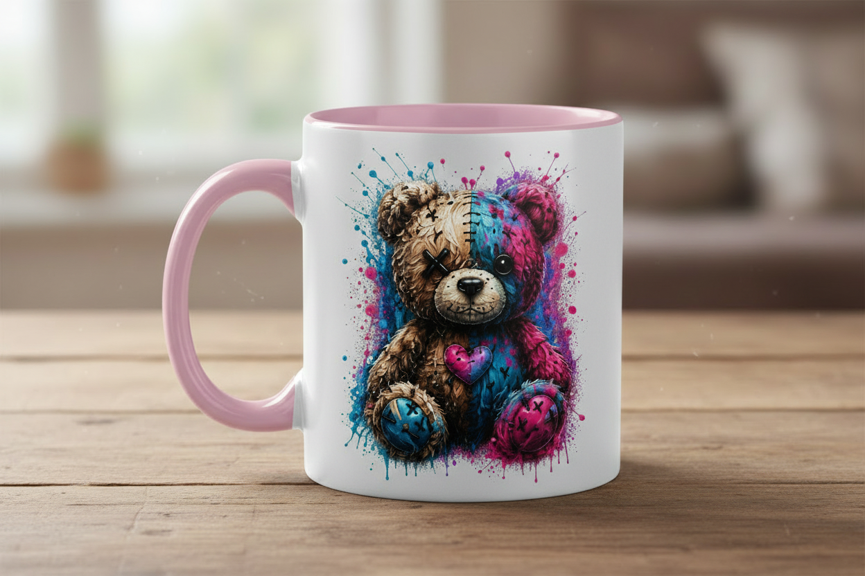 Tasse zweifarbig Gekritzeltes Teddy mit Farbspritzern