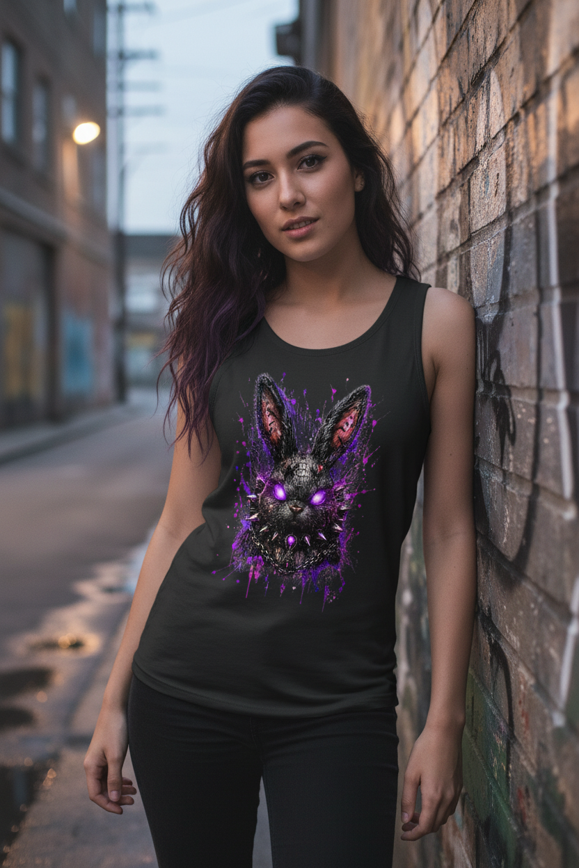 Damen Basic Tank Top Dramatischer, punkiger Hasenkopf in Neon-Glanz