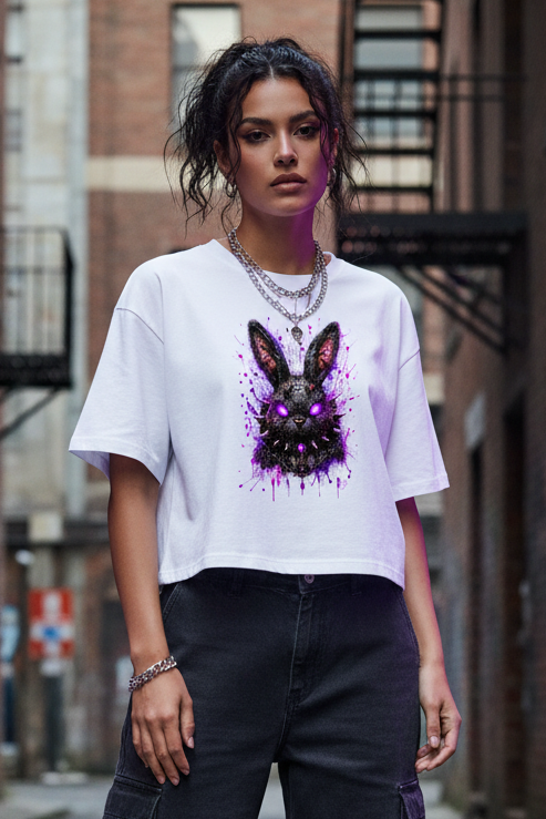 Damen Oversize Crop Top Dramatischer, punkiger Hasenkopf in Neon-Glanz