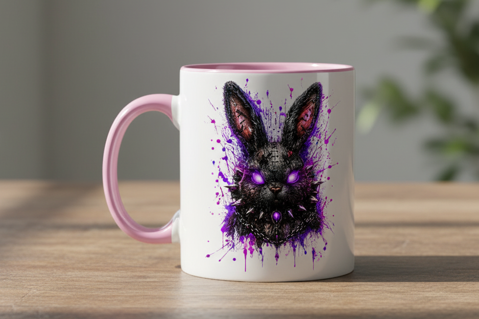 Tasse zweifarbig Dramatischer, punkiger Hasenkopf in Neon-Glanz