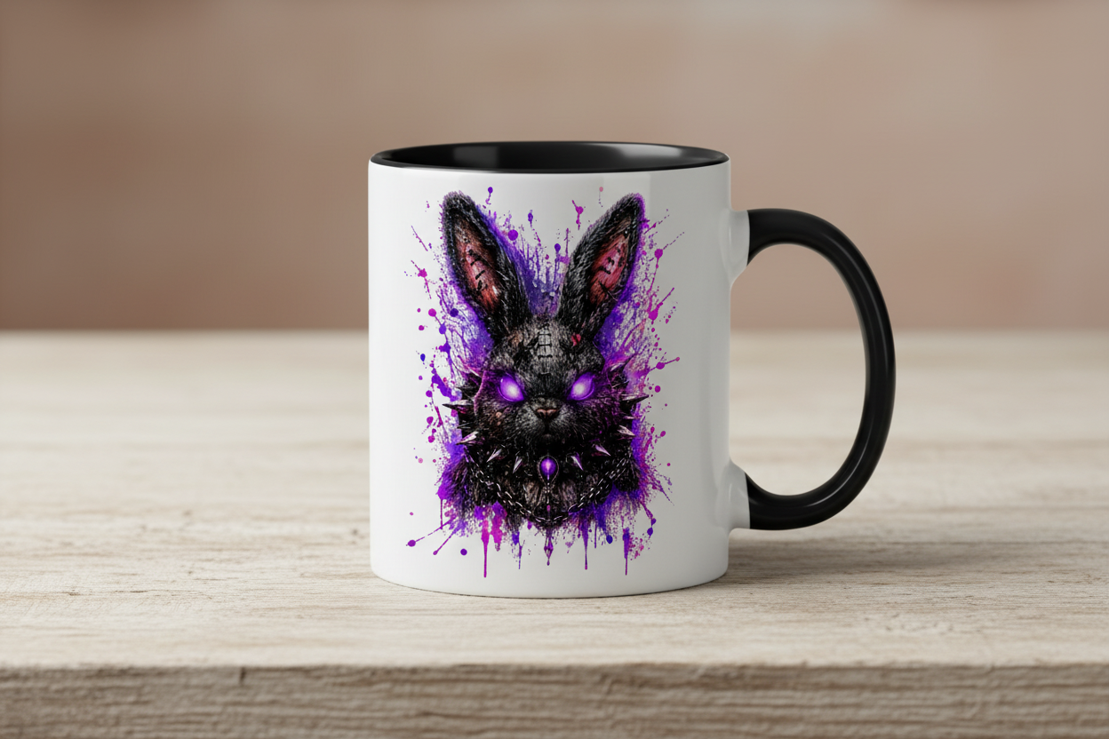 Tasse zweifarbig Dramatischer, punkiger Hasenkopf in Neon-Glanz