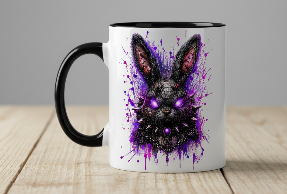 Tasse zweifarbig Dramatischer, punkiger Hasenkopf in Neon-Glanz