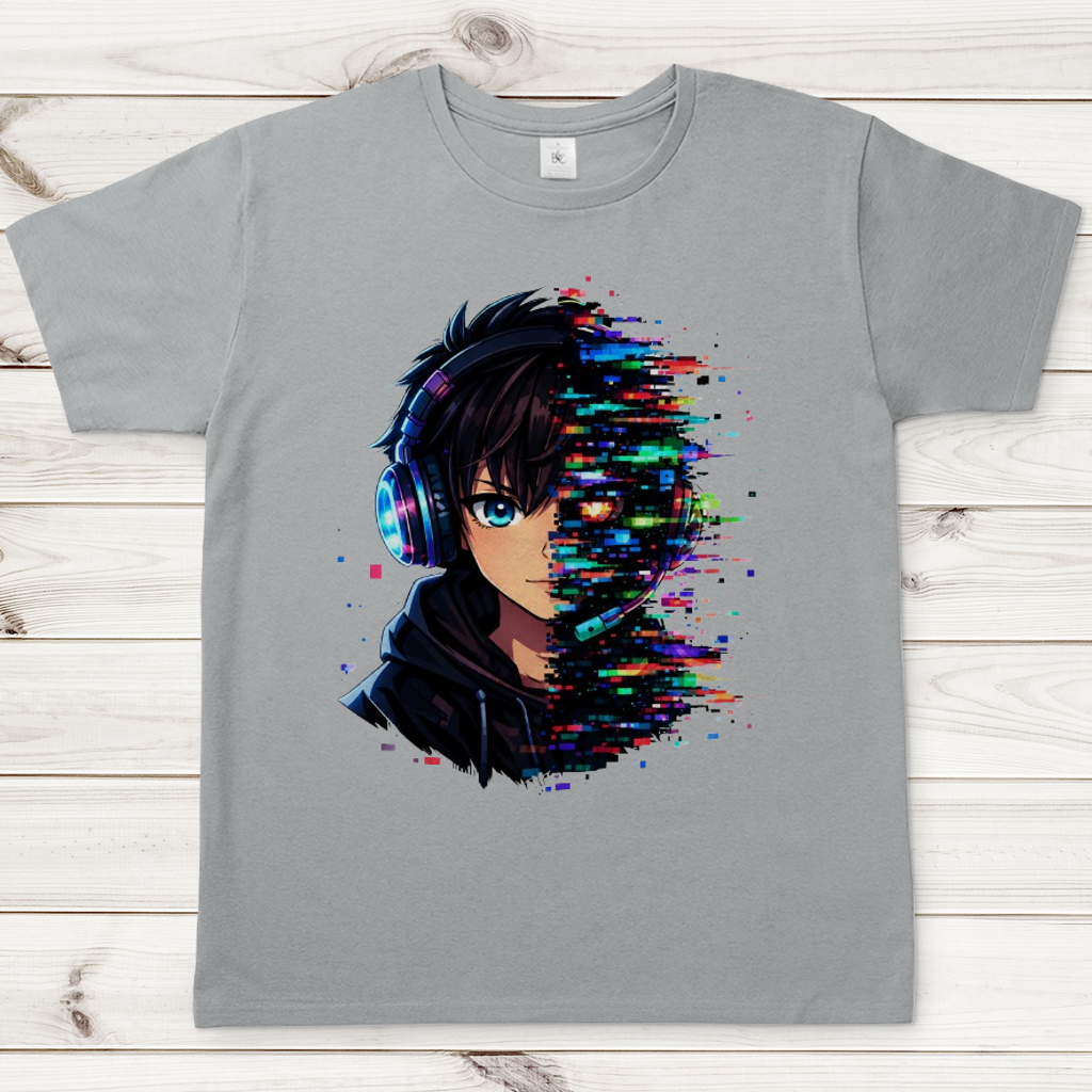 Herren T-Shirt Zukunftsvision glitch-gespaltene Anime-Porträtbury