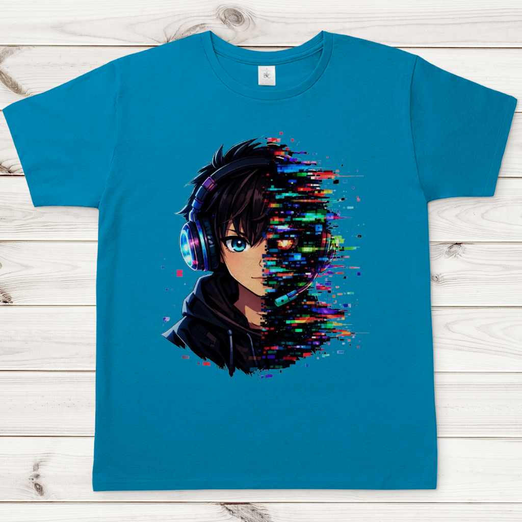 Herren T-Shirt Zukunftsvision glitch-gespaltene Anime-Porträtbury