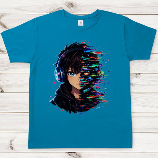 Herren T-Shirt Zukunftsvision glitch-gespaltene Anime-Porträtbury