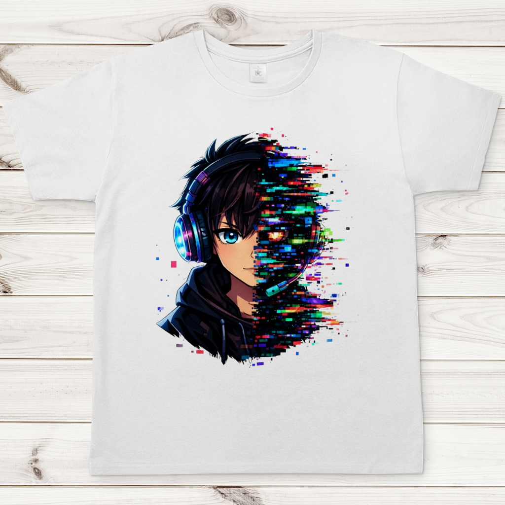 Herren T-Shirt Zukunftsvision glitch-gespaltene Anime-Porträtbury
