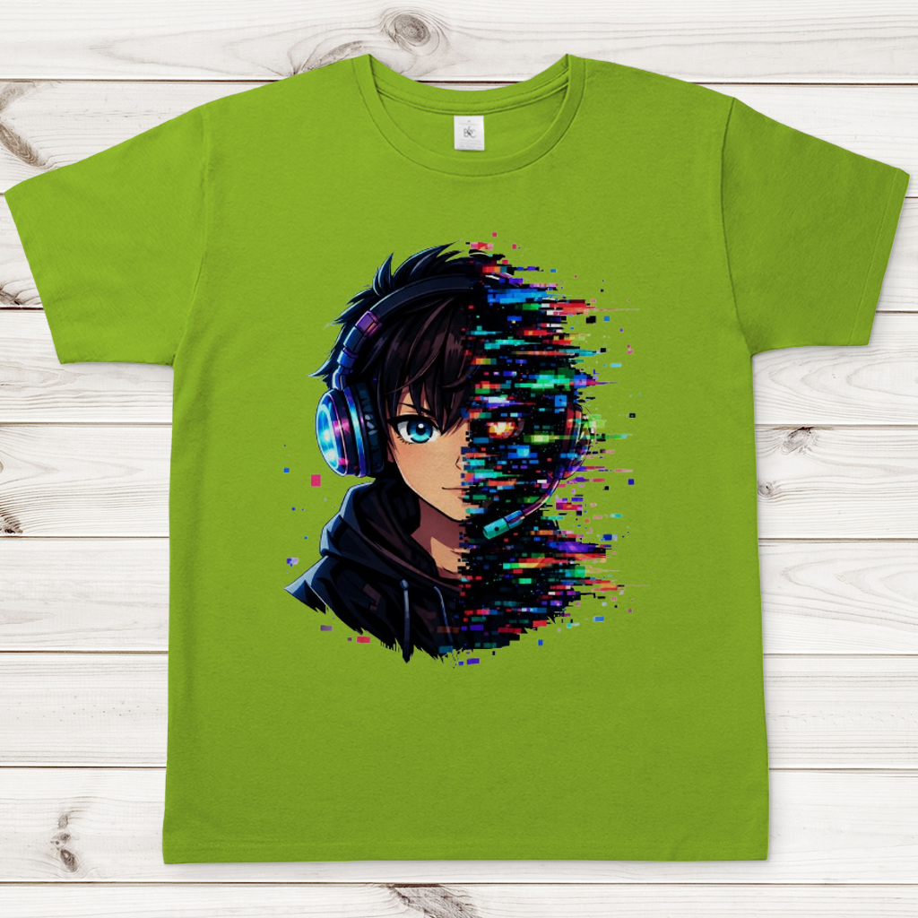 Herren T-Shirt Zukunftsvision glitch-gespaltene Anime-Porträtbury